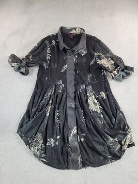 Elena Wang Women's Floral Button-Front Shirt Tunic Top in Charcoal Gray.